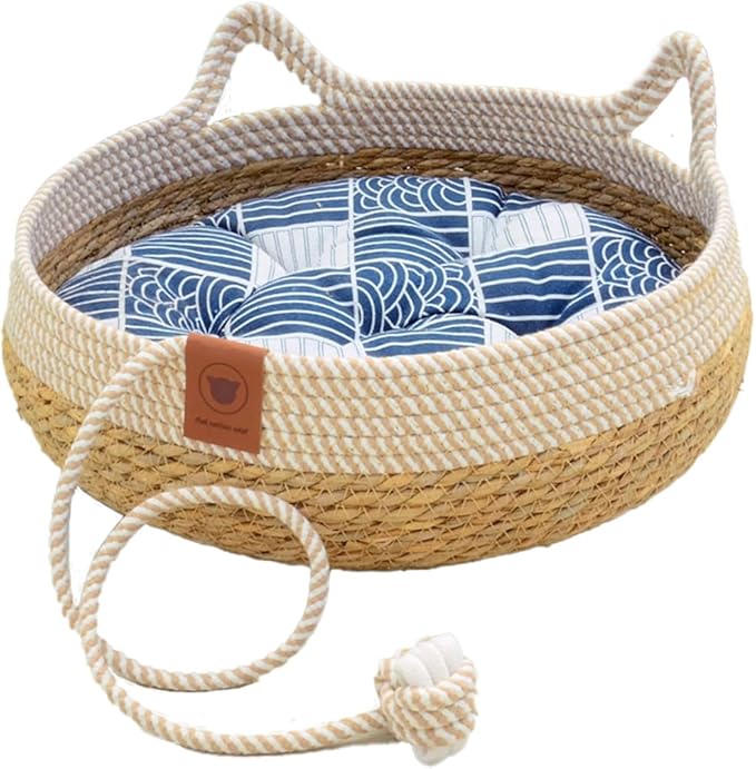 Natural Cat Bed Straw Nest Woven Pet House Handmade Braided Cute Cats Ears Cattail Leaf with Soft Cushion and Toy Ball 18 x 18 Inches