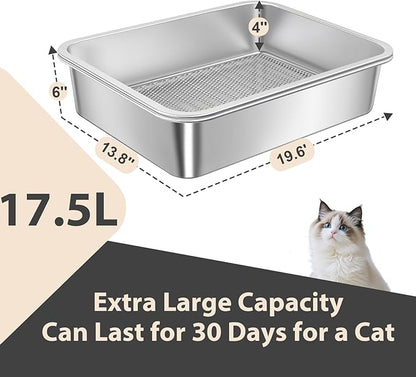 2 Pack Stainless Steel Sifting Litter Box for Pine Pellets,Sifting Cat Litter Box for Wood Pellets,Extra Large Sifter Litter Pan System with Litte Liners and Scoop-20 ''Lx 13.8''W x 6''H