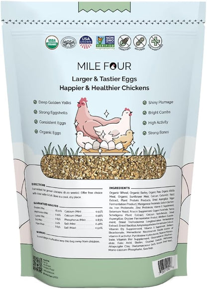 Mile Four Organic Chicken Feed – Grower Mash, Non-GMO, USA Grown, 18% Protein, Corn-Free, Soy-Free, Non-Medicated Feed for Chickens, 2 lb Sample
