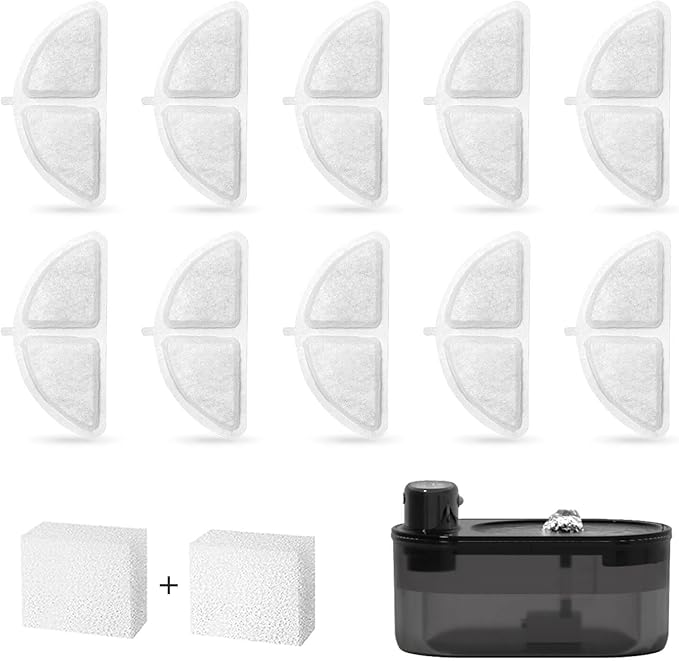 subteenmate Wireless Cat Water Fountain Filters Set, 10 Filters & 2 Pre-Filter Sponges for 3L/101oz Automatic Water Pet Fountain