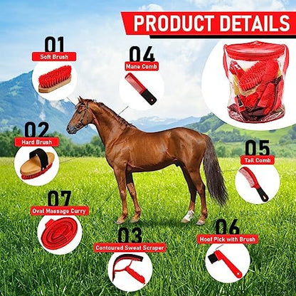 Cunhill 9 Pcs Horse Grooming Kit Tack Room Supplies, Cute, Red