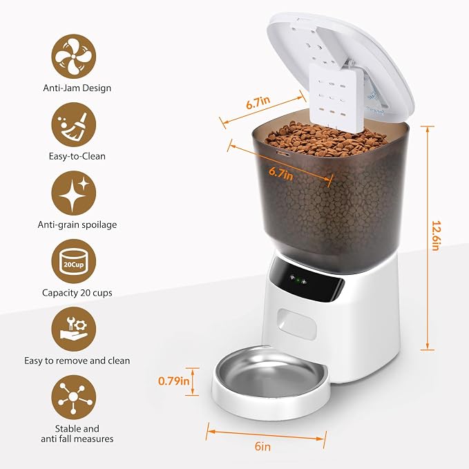 Automatic Cat Feeder WiFi, 5L Pet Feeder with App Control, 10 Meals Daily, 20 Portion Sizes, Timed Automatic Cat Food Dispenser, Stainless Steel Bowl, Dual Power Supply, Dry Food Feeder for Cats