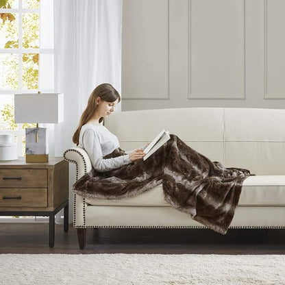 Madison Park Zuri Soft Plush Luxury Oversized Faux Fur Throw Animal Stripes Design, Faux Mink On The Reverse, Modern All Seasons Blanket for Bed, Sofa Couch, Office, Brown, 60x70"
