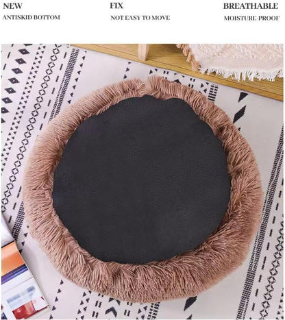 Round Fluffy Hooded Cat Bed Cave, Anti-Anxiety Cave Bed with Blanket