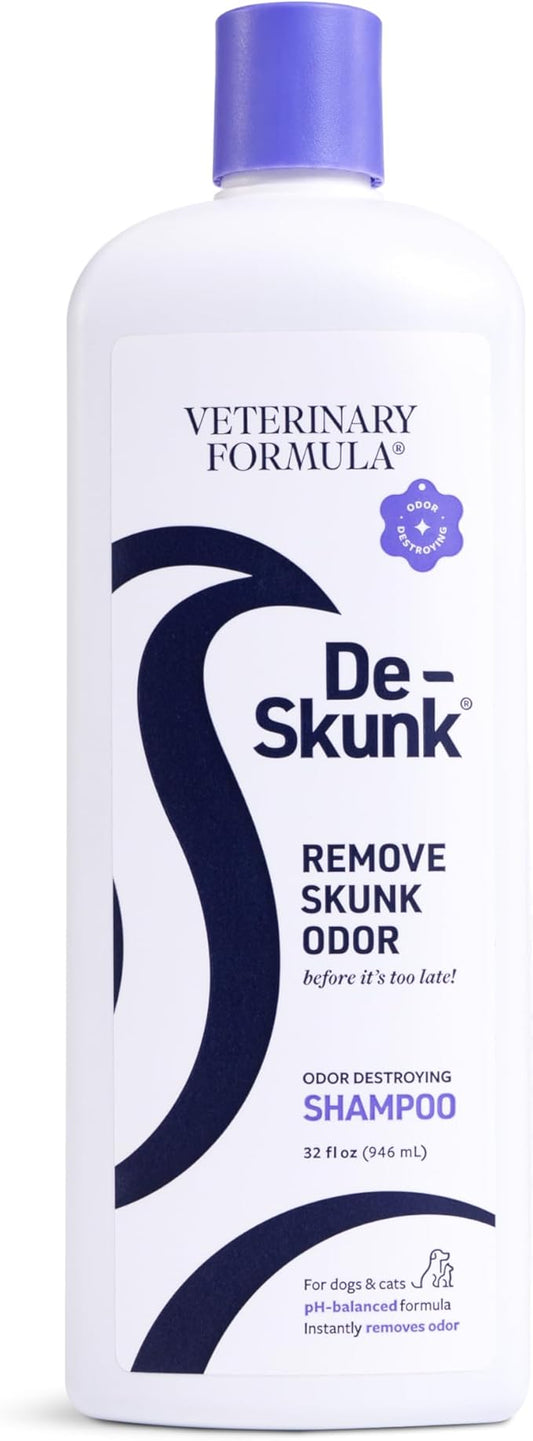 De-Skunk Odor Destroying Shampoo for Dogs, 32 oz. – Formulated with Powerful De-Greasers, Skunk Odor Remover for Pets, Carpet, Furniture and More – Removes Skunk Smell Fast