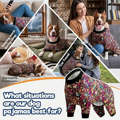 LovinPet Pet Pajamas for Pit Bulls, Dog Pjs, Decoupage Ink Print, Black, M