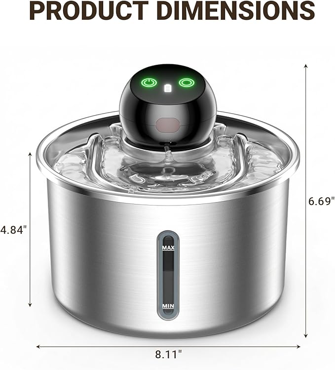 Cordless Cat Water Fountain 3L / 101oz, Stainless Steel Battery Operated Pet Fountain with 5000mAh Battery, Ultra Quiet, 3 Modes, 4 Filters, Helps Reduce Refills & Encourage Drinking