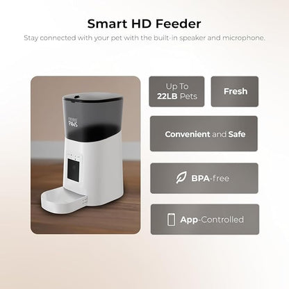 Smart HD Pet Feeder, 6L Dry Food Capacity, 1080p Camera, 2-Way Audio, Scheduled Meals, Backup Power, Easy to Clean, Anti-Jam Design for Cat & Dog, White