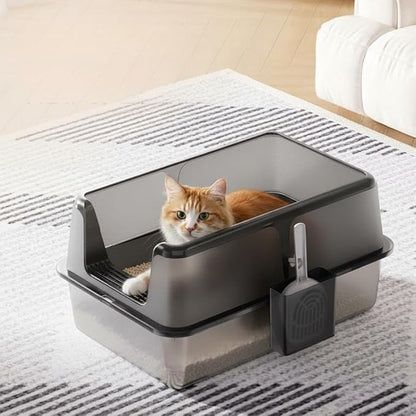 Non-Stick Stainless Steel Litter Box, Side Opening Splash-Proof & Leak-Proof Large Metal Cat Litter Box with Lid & Scoop, Easy-Clean & Durable, 6'' Deep Black