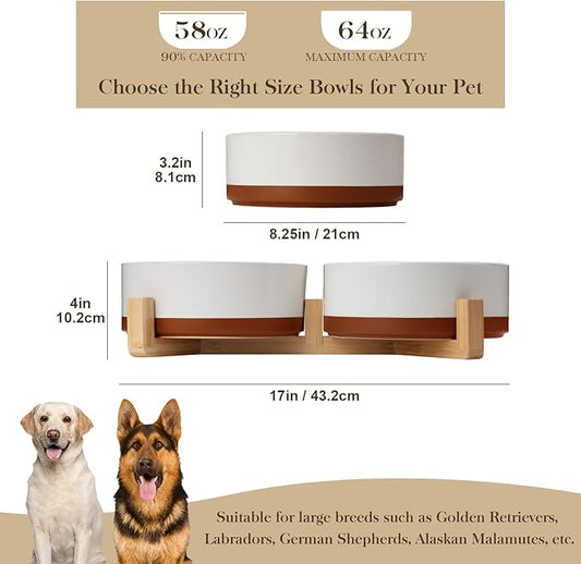 MALACASA Dog Bowls Set with Wooden Stand, 6 Cups Food Water Bowl Set for Medium to Large Size Dogs, Ceramic Pet Bowls with Weighted Non-Slip Base, Basic Bowls for Your Dog,58Oz