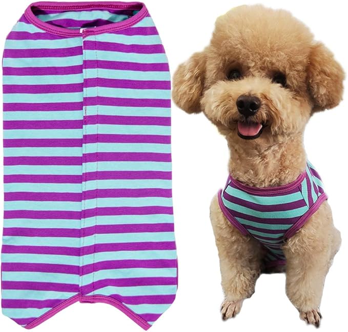 Dog’s Recovery Suit Post Surgery Shirt for Puppy, Wound Protective Clothes for Little Animals(Purple Blue Stripe-s)