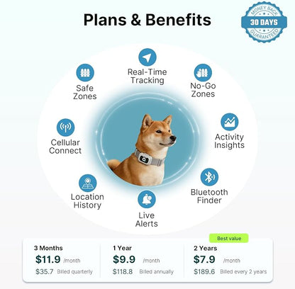 ABBIDOT GPS Dog Tracker - Real-Time Pet Tracker with Virtual Fence, Activity Monitor, Location History, Health Monitor, 3-Mode Light, Waterproof & Rechargeable GPS Tracker for Dogs with APP Support