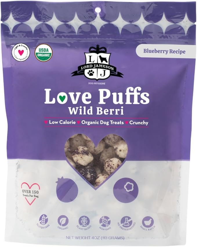 Lord Jameson Organic Dog Treats Bundle - Love Puffs 3-Flavor Bundle - USDA Certified, Low Calorie - All Dogs - Gluten-Free, Sensitive Stomach - 3 x 4oz Pack