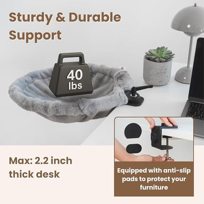 Cat Desk Bed – 180° Rotating & Adjustable Cat Hammock, 2 Washable Covers, Supports 40 lbs, Non-Slip Clamp, Soft Faux Fur, Space-Saving Design for Home Office, Remote Workers, Gamers
