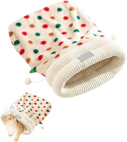 Cat Winter Sleeping Bag Soft Warm Cozy Pet Bed Sack for Indoor Cats or Small Dogs Durable Washable Sleeping Pad (Polka, Large)
