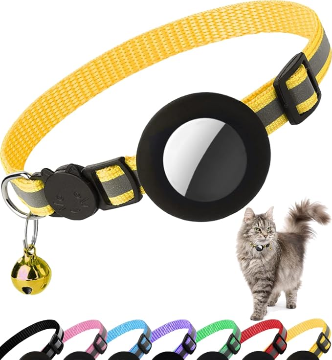 Airtag Cat Collar Breakaway, Cat Collar with Air Tag Holder(Yellow) | Safety Breakaway Buckle, Reflective Strip, Lightweight, Bell, 0.4 Inches in Width, Adjustable Size to Fit Different Cats