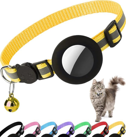 Airtag Cat Collar Breakaway, Cat Collar with Air Tag Holder(Yellow) | Safety Breakaway Buckle, Reflective Strip, Lightweight, Bell, 0.4 Inches in Width, Adjustable Size to Fit Different Cats