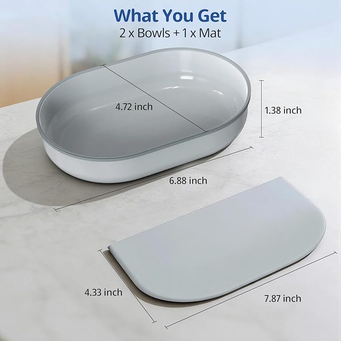 Bowl & Mat Set for Automatic Microchip Cat Feeder, 1 Flat & 1 Split Bowl with Sealing Ring + 1 Mat, Keep Food Fresh, Easy to Clean (Grey)