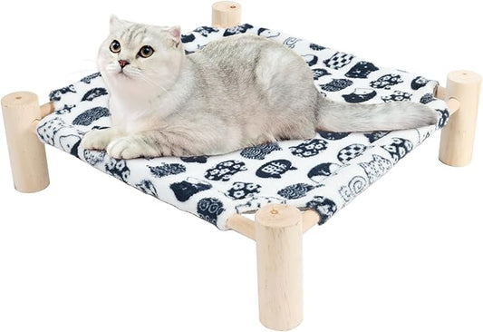 Patas Lague Cat and Dog Hammock Bed for Small Dogs, Flannel Fleece Wooden Cat Pet Rabbit Elevated Bed Cots Furniture for All Seasons White