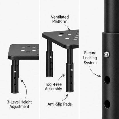 Raised Automatic Cat Feeder Stand for Double Bowl Feeders, Carbon Steel 14.57 x 9.25 in, 3 Adjustable Heights 3.94-5.5 in, Non-Slip, Fits Feeders & Water Dispensers, No-Drill (Black)