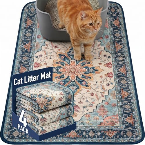 Hompet Cat Litter Mat 4 Pack, 18x28 Machine Washable Trapping Mats for Cats, Super Absorbent & Urine-Proof Cat Litter Box Mat for Floor, Waterproof & Non Slip Kitty Litter Rug