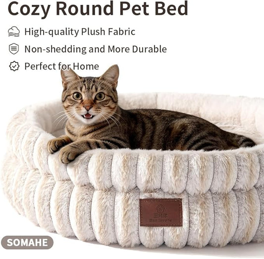 Cat Bed, Round Plush Faux Fur Donut Cuddler – Machine Washable Calming Cat Bed for Indoor Cats & Kittens, Removable Cushion Non-Slip Fluffy Kitten Bed, Cozy Small Cat Nest, 20" Inch White