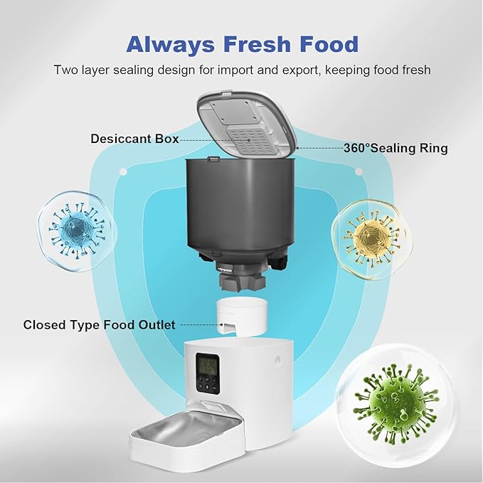 Automatic Cat Feeder, 6L Cat Food Dispenser with 10s Voice Recorder, Pet Feeder up to 8 Meals per Day, Timed Feeder with Dry Food Sealed Ring (Grey)