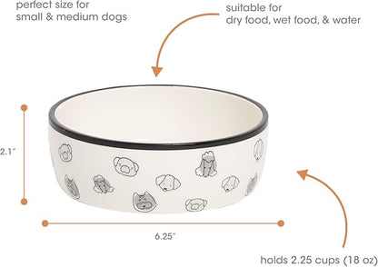 Pearhead Ceramic Dog Faces Dog Bowl, Stoneware Food and Water Dish for Dogs, Heavy Non-Slip Base, Small/Medium 2.25 Cups/ 18 oz