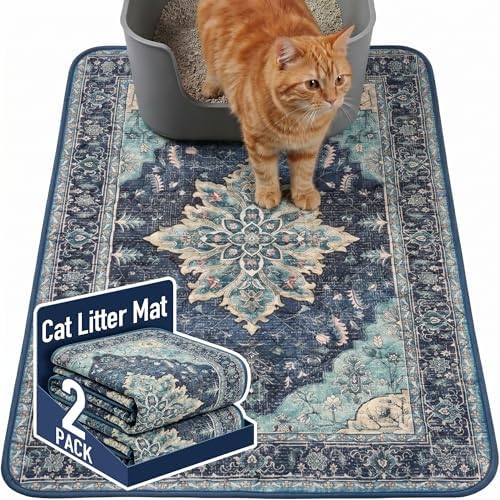 Hompet Cat Litter Mat 2 Pack, 24x36 Large Machine Washable Trapping Mats for Cats, Super Absorbent & Urine-Proof Cat Litter Box Mat for Floor, Waterproof & Non Slip Kitty Litter Rug
