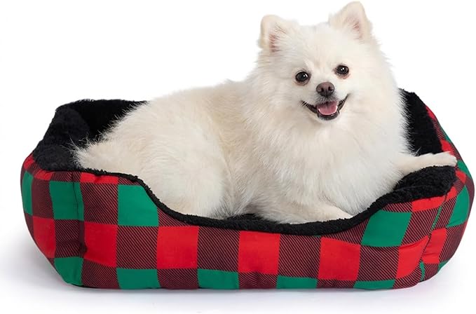 Hollypet Printed Flannel Rectangle Plush Dog Cat Bed Self-Warming Pet Bed, Christmas Red and Green Check