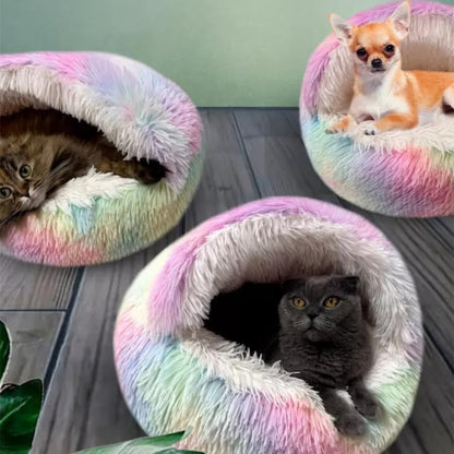Round Fluffy Hooded Cat Bed Cave, Anti-Anxiety Cave Bed with Blanket