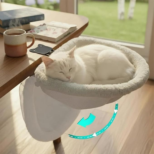 Cozy Winter Cat Desk Bed - One-Touch 90° Fold Down & Space-Saving Ergonomic Perch, Ultra-Plush Faux Rabbit Fur Sunken Nest for Remote Workers, Holds 40lb (18kg) - Perfect for Cats