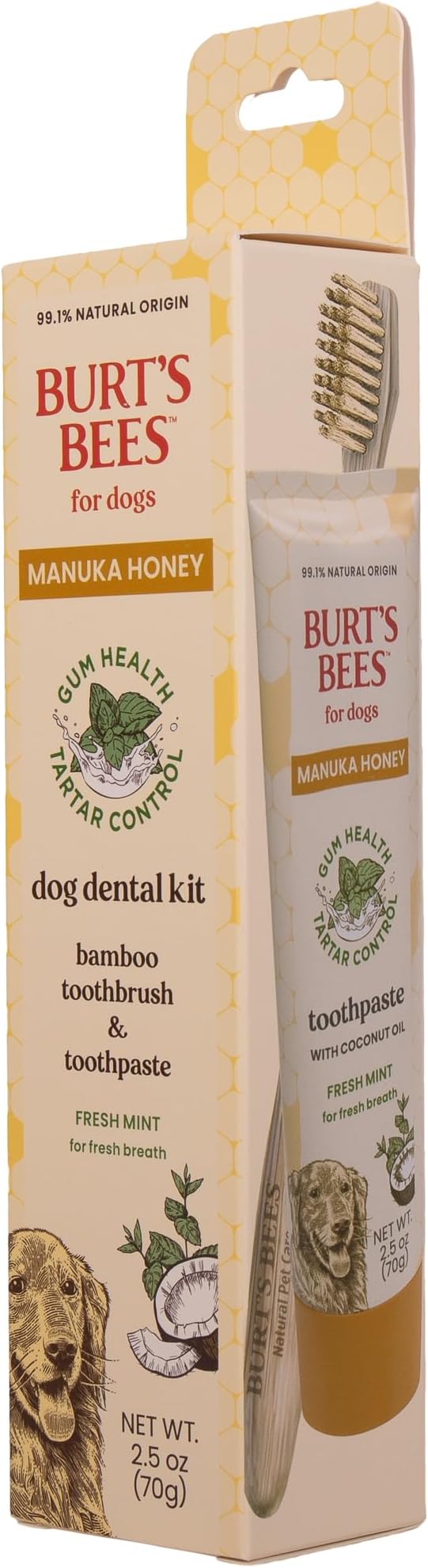 Burt's Bees for Pets Dental Kit for Dogs with Bamboo Toothbrush & Toothpaste with Manuka Honey and Coconut Oil for Gum Health & Tartar Control, 99.1% Natural Origin Formula, Fresh Mint Flavor, 2.5 oz
