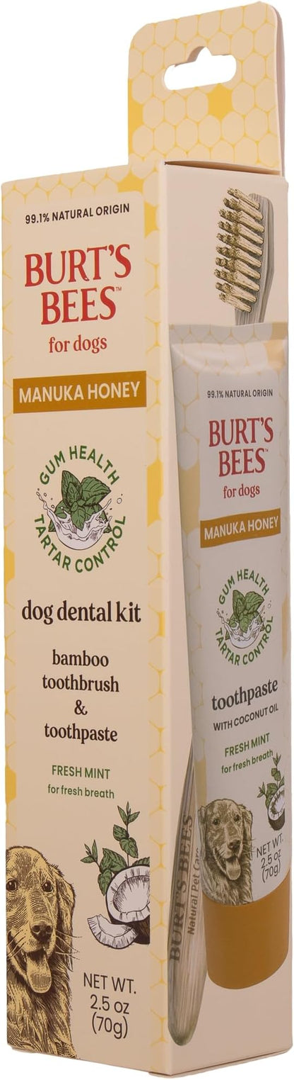 Burt's Bees for Pets Dental Kit for Dogs with Bamboo Toothbrush & Toothpaste with Manuka Honey and Coconut Oil for Gum Health & Tartar Control, 99.1% Natural Origin Formula, Fresh Mint Flavor, 2.5 oz