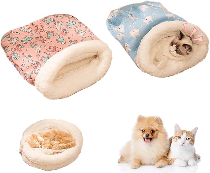 2pcs Winter Cat Sleeping Bag, Portable Warm Feline Bed,Warming, Soft Plush Cat Cave Bed Self-Sack for Indoor Cats Small Dogs 1-10kg（Pink&Blue,19.7x17.7in）