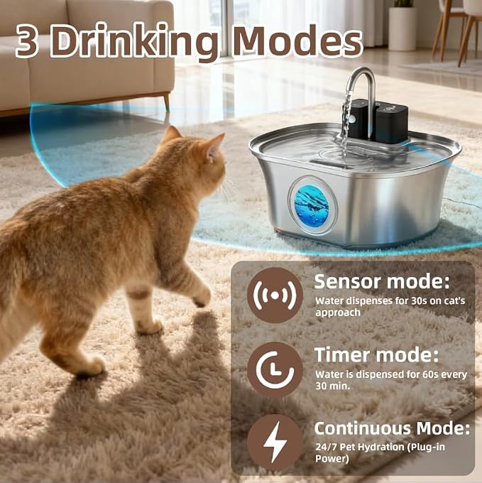Casfuy PWL-300 Wireless Smart Quiet Stainless Steel Cat Water Fountain, 108-oz