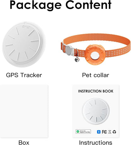 Cat Tracker, GPS Tracker Compatible with Apple Find My App(Only iOS), Waterproof Tracker Cat Collar with Safety Elastic Buckle, No Monthly Fee Pet Tracker for Cats, Works with Any Collar (Orange)