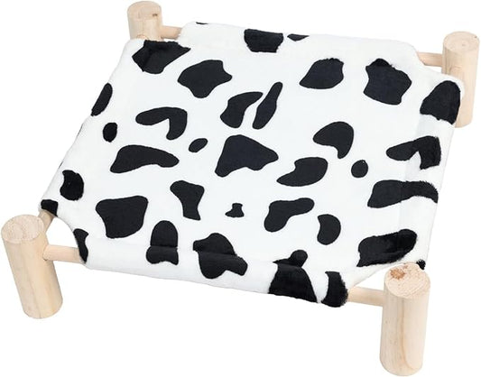 Patas Lague Cat and Dog Hammock Bed for Small Dogs, Brethable Wooden Cat Pet Rabbit Elevated Outdoor Bed Cots Furniture for All Seasons Fleece Cow Print