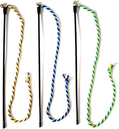 Cat Wand Toys, 3 PCS String Kitten Toys Colorful Hemp Rope Kitten Stick Kitty Teaser Wand Interactive Cat Toys for Indoor Playing