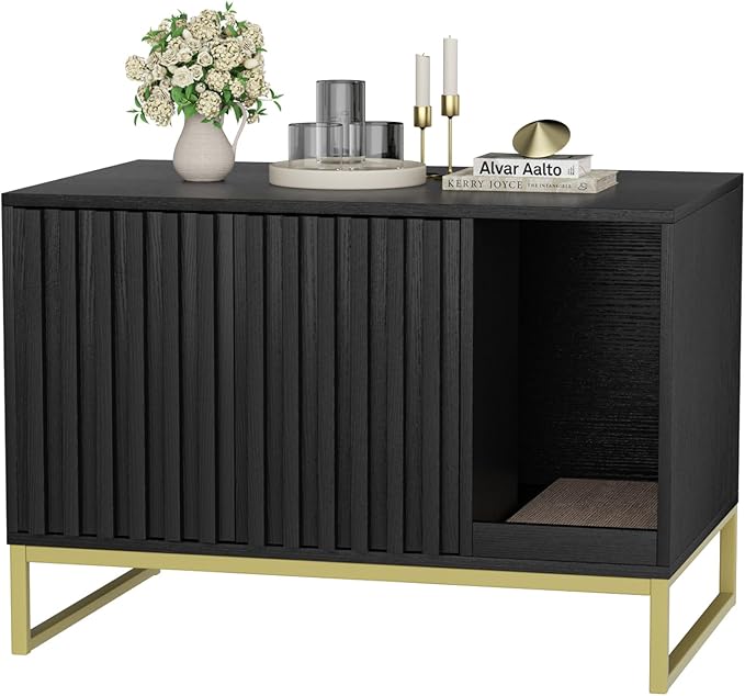 Halitaa Litter Box Enclosure, Modern Cat Litter Box Furniture Hidden Litter Box with Scratch Pad, Cat Washroom House End Table, Entryway Bench for Livingroom (Black)