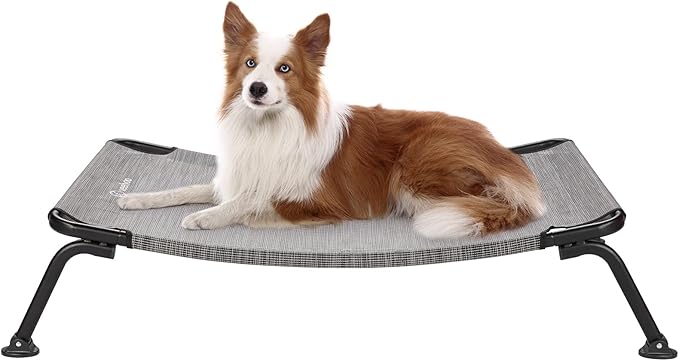 Veehoo Outdoor Elevated Dog Bed, Cooling Raised Dog Cots Beds for Medium Dogs, Portable Waterproof Curved Dogs Hammock Bed for Outside, up to 100lbs, Black Legs, Black Silver 32"