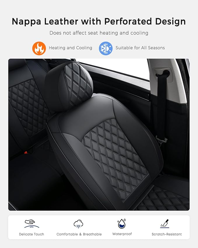 Huidasource Car Seat Cover, Nappa Leather Seat Covers, Velcro Adjustable, Compatible with Airbags, Armrests, Child Seat, Seat Belts, Universal Fit for Most Cars, Vans, Trucks, SUVs (Full Set/Black)