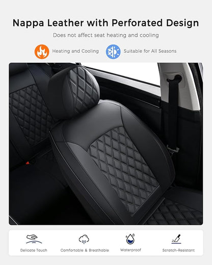 Huidasource Car Seat Cover, Nappa Leather Seat Covers, Velcro Adjustable, Compatible with Airbags, Armrests, Child Seat, Seat Belts, Universal Fit for Most Cars, Vans, Trucks, SUVs (Full Set/Black)