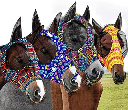 Frienda 4 Pcs Horse Fly Mask with Ears Mesh Comfort, Geometric, Large