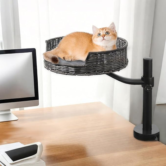 Niubya Cat Desk Bed Mount with Adjustable Height,Rattan Cat Desk Perch Supports 30 Lbs,360°Rotation Desktop Kitty Attachment for Indoor Home Office,1 Bed