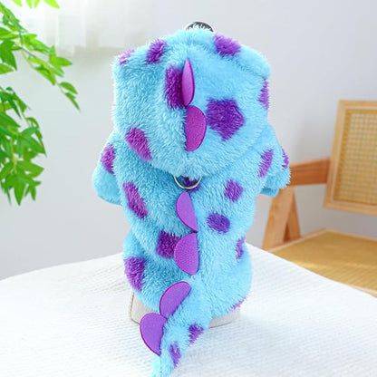 Dinosaur Dog Clothes for Small Dog Girl Boy, Fleece Winter Puppy Hoodies with Leash Ring, Cold Weather Coat for Cat, Funny Dinosaur Costume for Christmas Halloween. (Blue-2, Small)