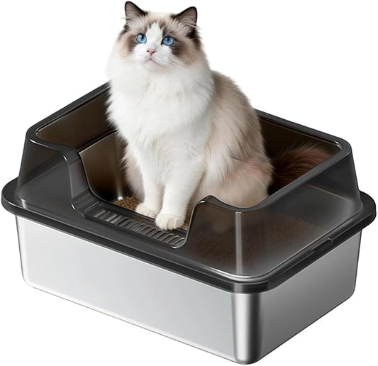 Enclosed Stainless Steel Cat Litter Box with Lid Extra Large Litter Box for Big Cats XL Metal Litter Pan Tray with High Wall Sides Enclosure, Non-Sticky, Anti-Leakage, Easy Cleaning