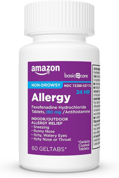 Amazon Basic Care All Day Indoor and Outdoor Allergy Relief, Fexofenadine Hydrochloride Geltabs, 180 mg, Antihistamine, Non-Drowsy, 24-Hour Relief for Sneezing, Runny Nose, Itchy Eyes, 60 Count