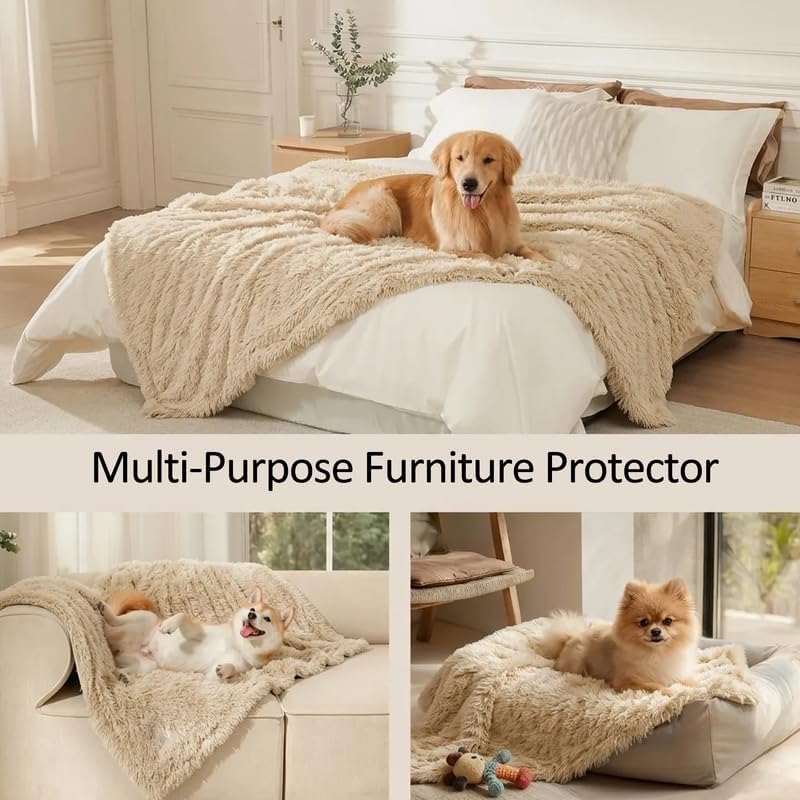 Waterproof Dog Blanket Pet Throw Blankets Fluffy Long Faux Fur Reversible Puppy Blankets 85x57in Furniture Protector Cover for Sofa Bed Couch Bed Cover Washable for Dogs Cats (Beige XL)