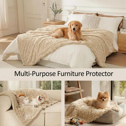 Waterproof Dog Blanket Pet Throw Blankets Fluffy Long Faux Fur Reversible Puppy Blankets 85x57in Furniture Protector Cover for Sofa Bed Couch Bed Cover Washable for Dogs Cats (Beige XL)